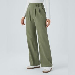 Halara Pants High Waisted Side Pocket Wide Leg Casual Linen Feel Size XL Green